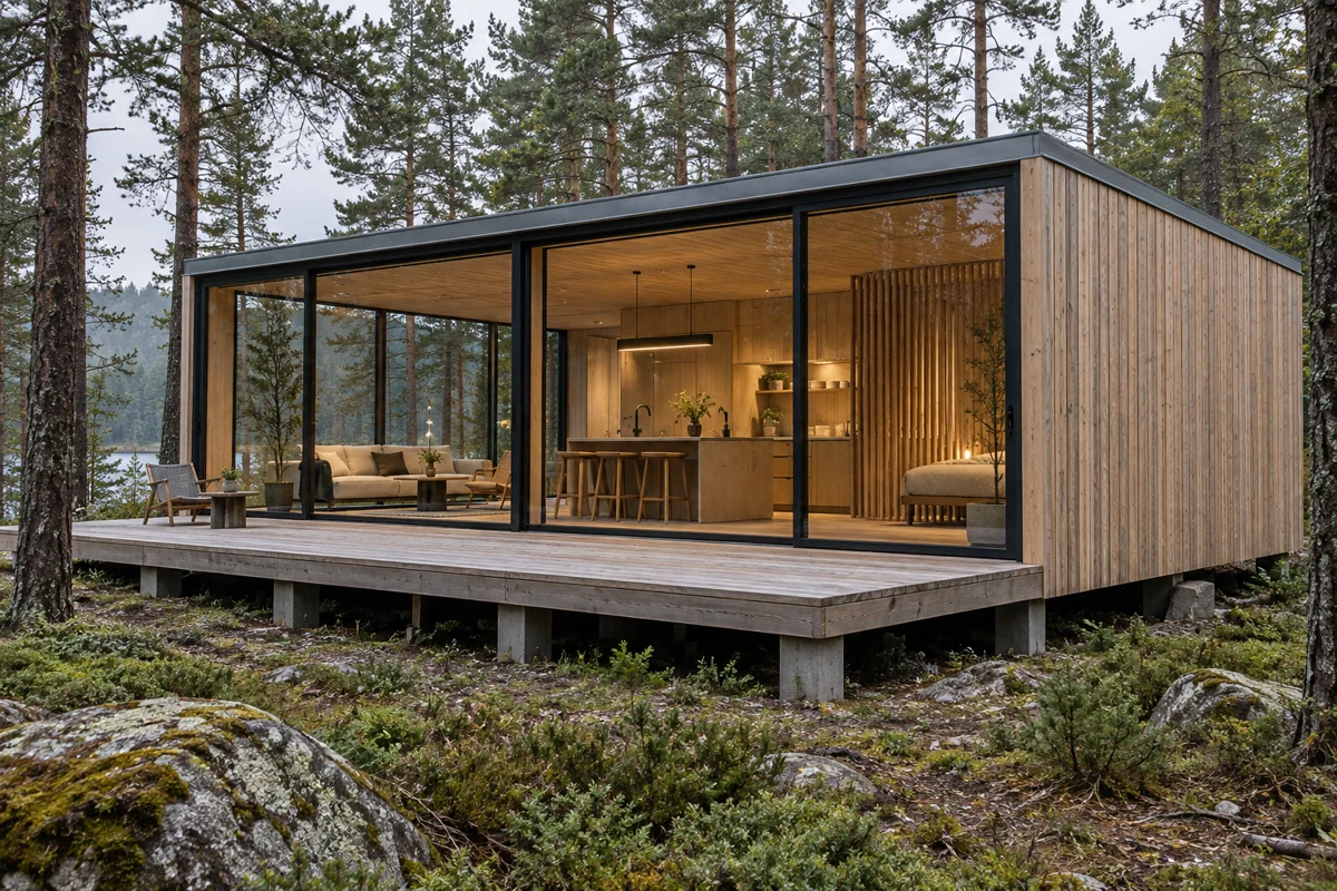 Compact rectangular timber cabin with a single-slope grey metal roof, full-height glazing, raised deck, and pine forest
