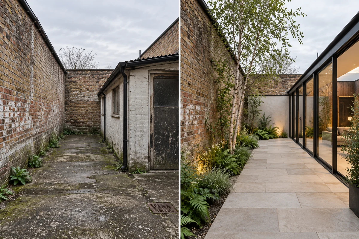Side-by-side hypothetical renovation studies: an existing brick workshop yard with an opaque lean-to on the left and a planted courtyard with new steel glazing on the right