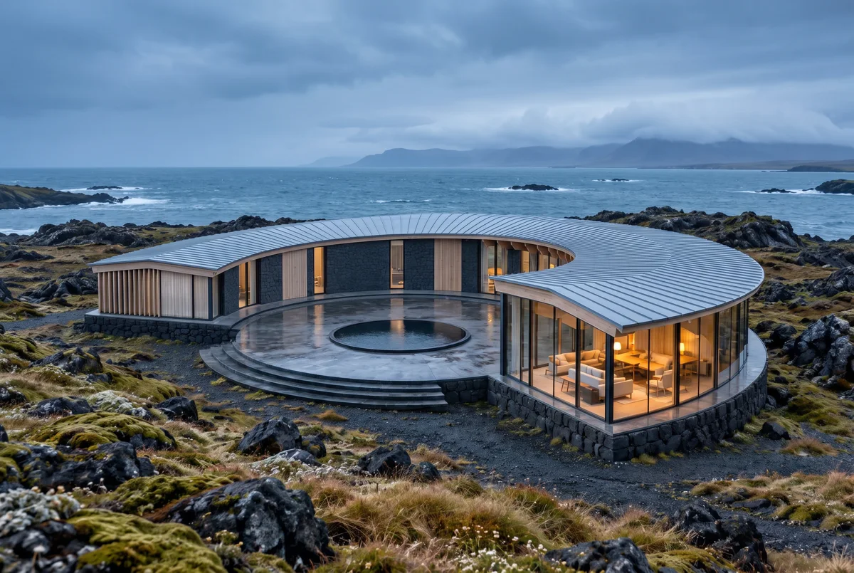 AI concept perspective of the crescent-shaped Rift House after rain, with a silver roof, wet stone courtyard, circular pool, warm glazing, and a rocky Icelandic coast
