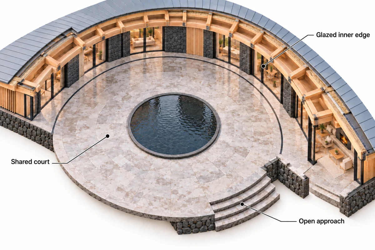 High architectural view into Rift House courtyard, showing the reflecting pool, glazed inner edge, and open approach
