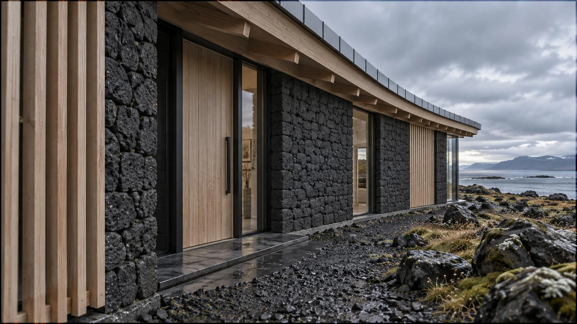 Human-height approach to a curved contemporary Icelandic residence, with a basalt plinth, slender dark glazing and a sweeping roof
