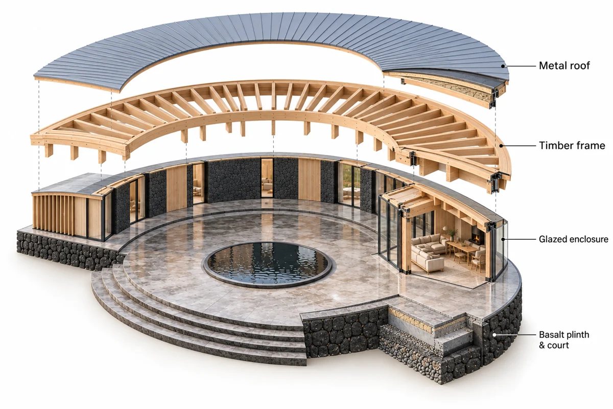 Labeled exploded architectural cutaway showing the metal roof, radial timber frame, glazed enclosure, and basalt plinth and courtyard