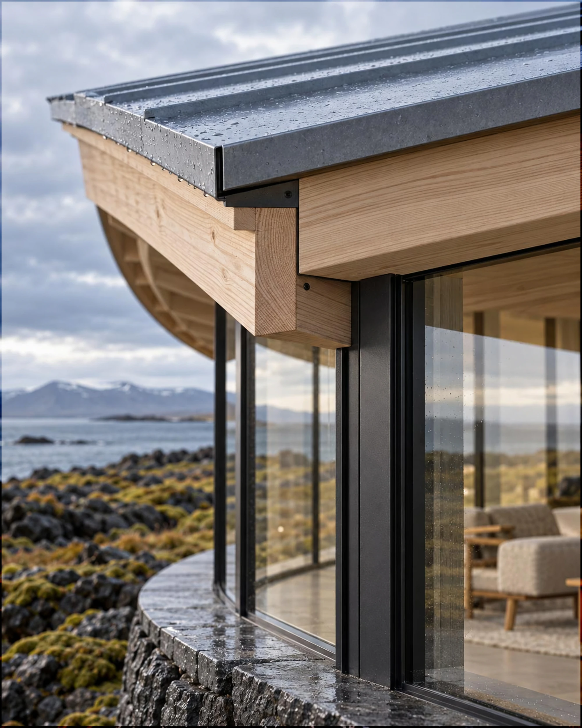 Close architectural material study of weathered roof metal, timber structure and precise glass junctions